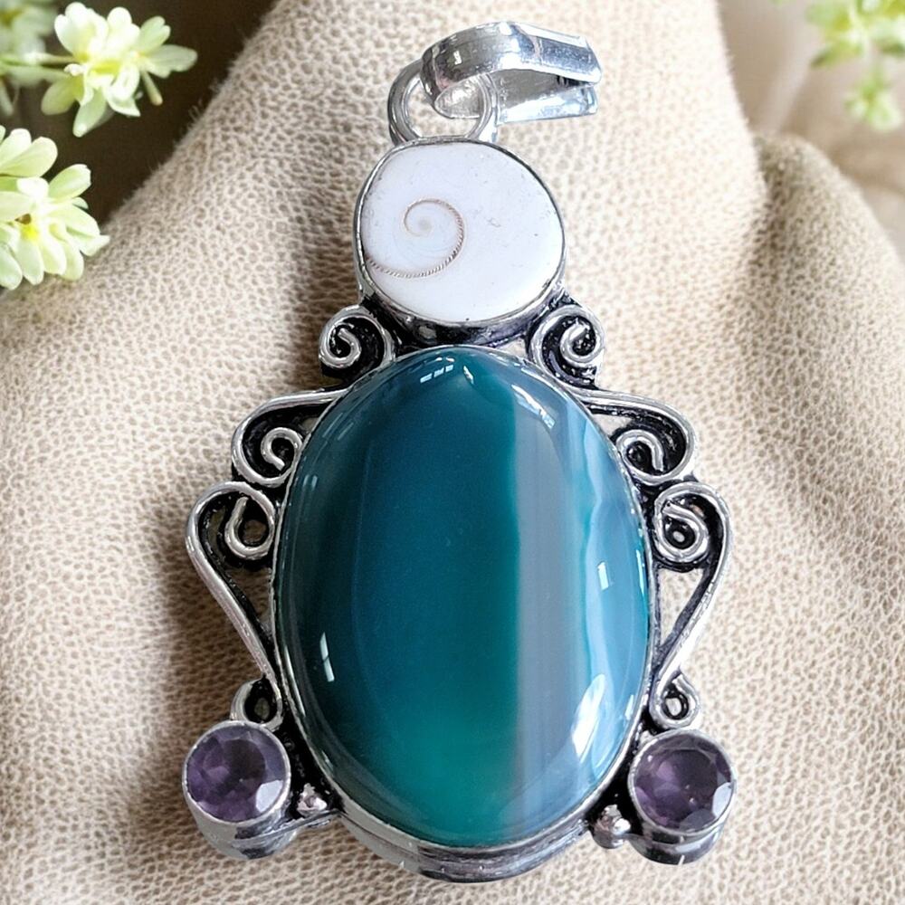 Blue Banded Agate, Shiva Eye Shell & Amethyst Pendant, Sterling Silver Necklace